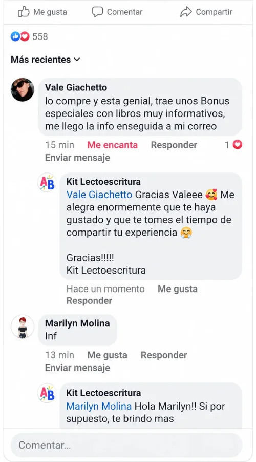 Comentario de una familia que recibió el kit y los bonos al instante