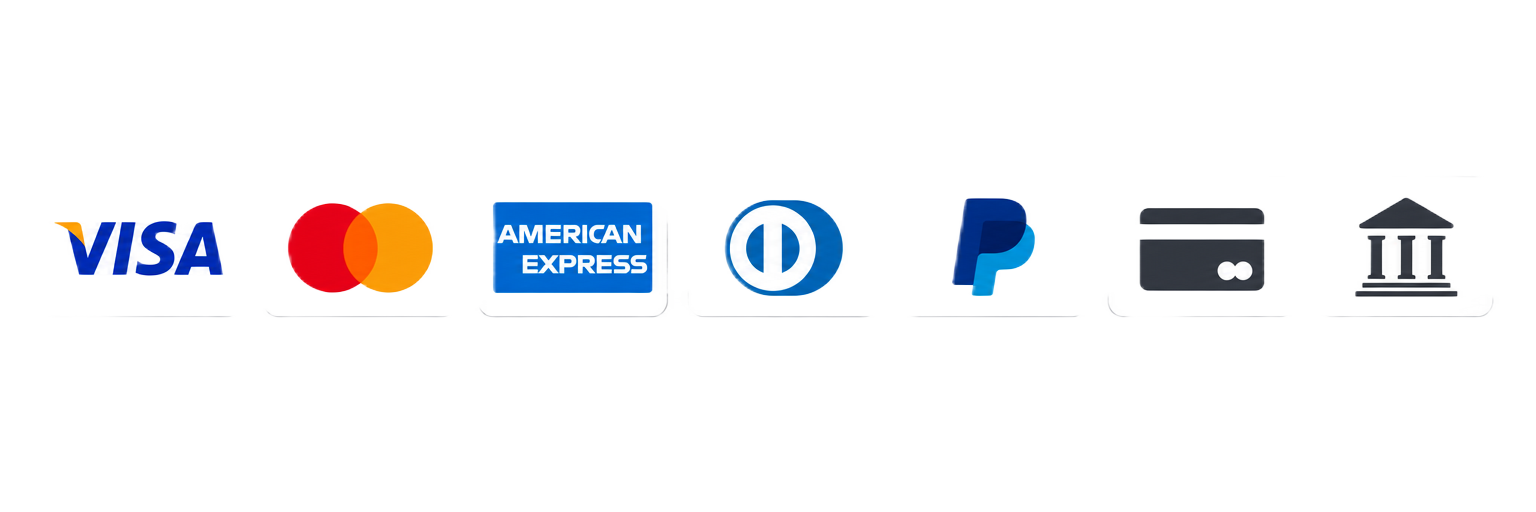 Métodos de pago aceptados: Visa, Mastercard, American Express, Diners Club, PayPal, tarjeta de débito y transferencia bancaria
